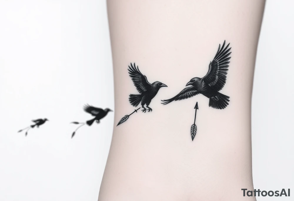 A small flock of ravens taking off from your wrist, trailing smoky feathers.
One final solitary raven flies over your hand arrowhead 
Dark realism tattoo idea
