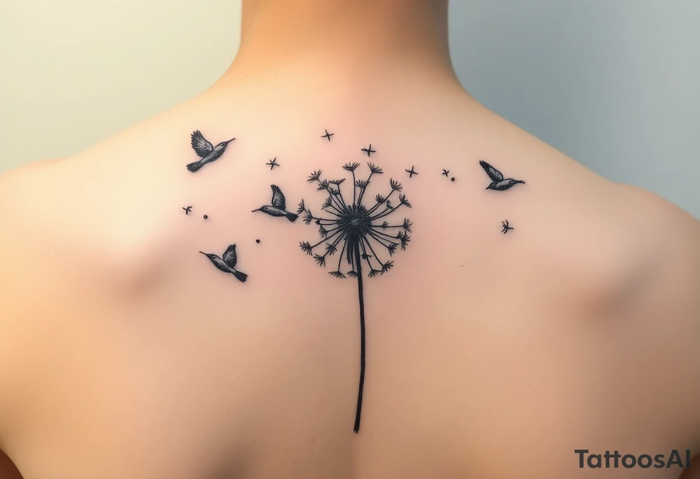 Dandelion tattoo representing motherhood, blowing in the wind giving myself to the next generation. Five birds for my children and two white birds for the children I lost. Whimsical and fine line. More artistic and soft. Still not right. Try again tattoo idea