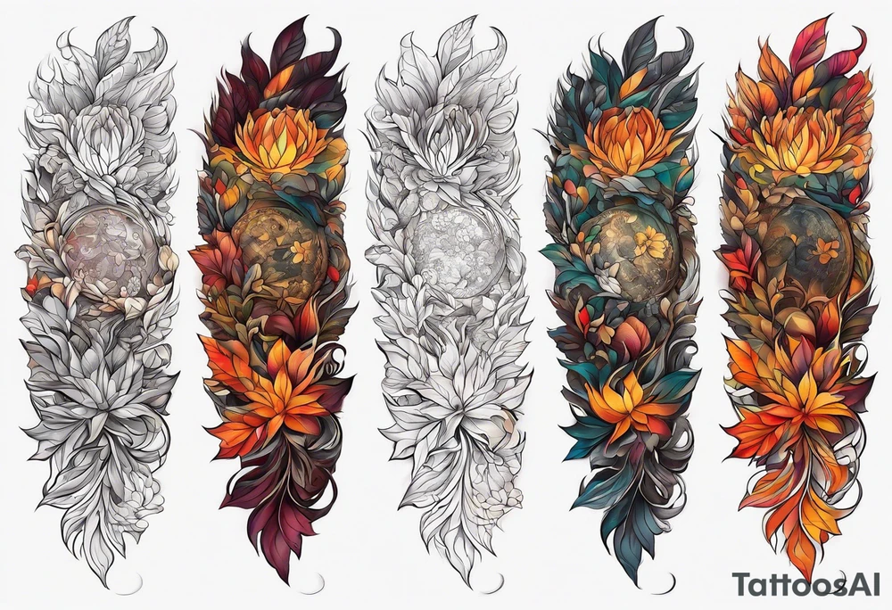 Arm Sleeve Tattoo with fall colors flat tattoo idea