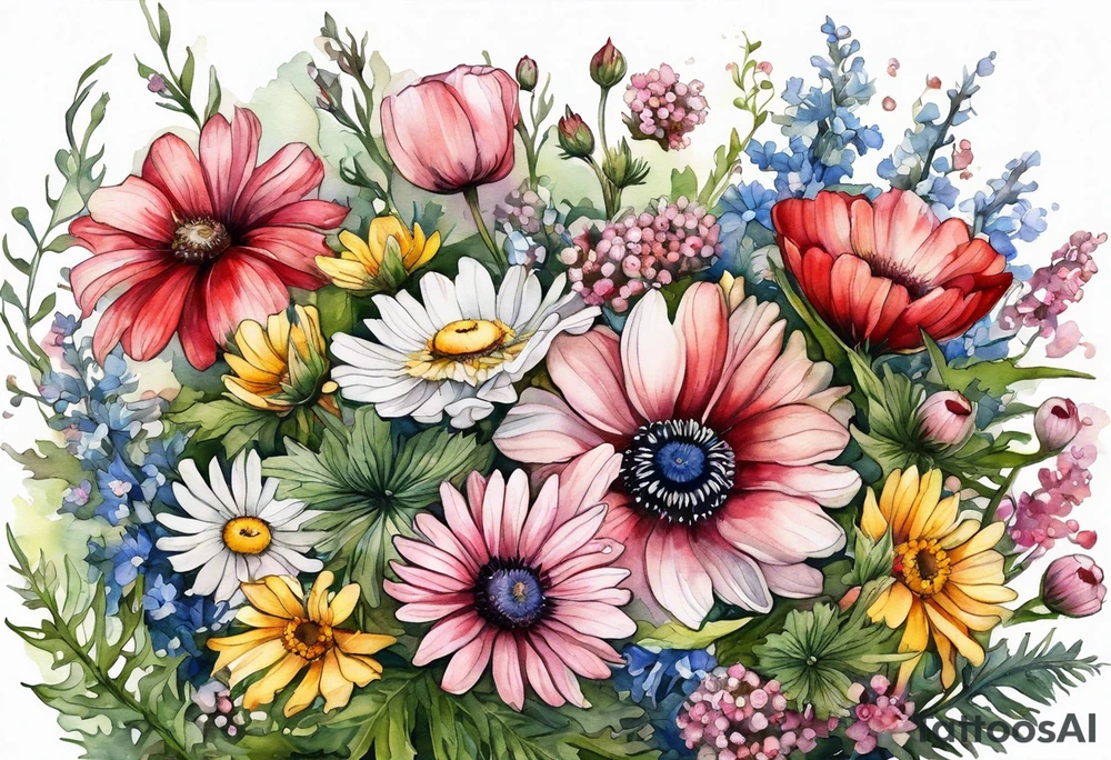 an oval of wildflowers cascading with thistles, ferns, white anemones, sun flowers, buttercups, pink flowers, red flowers, babys breath and daisies all in watercolor tattoo idea