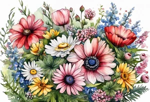 an oval of wildflowers cascading with thistles, ferns, white anemones, sun flowers, buttercups, pink flowers, red flowers, babys breath and daisies all in watercolor tattoo idea