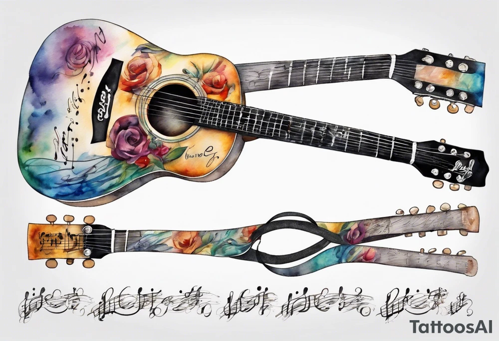 Acoustic Guitar neck with strings made of signatures emerging from skin tattoo idea