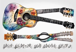 Acoustic Guitar neck with strings made of signatures emerging from skin tattoo idea