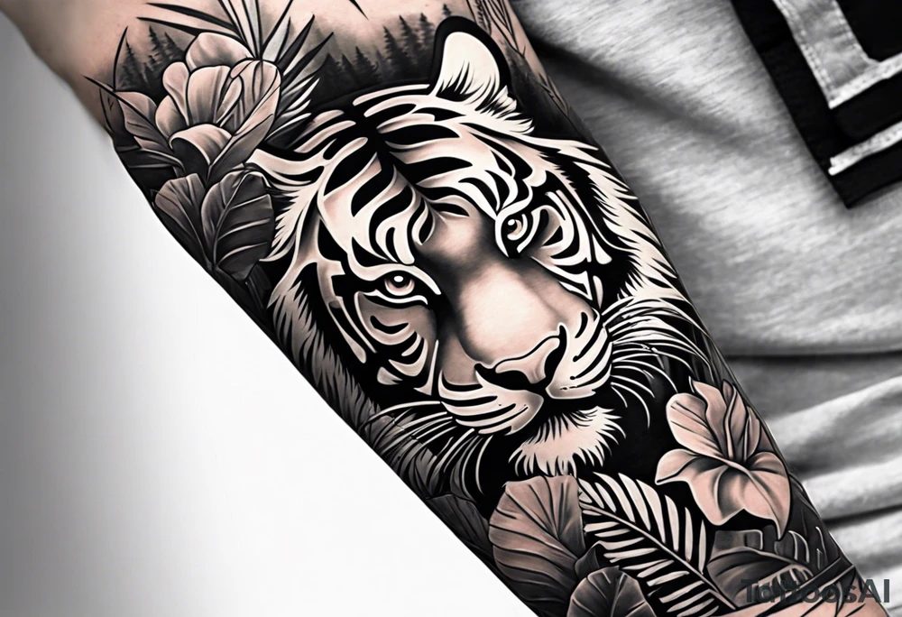 Full arm tattoo sleeve design.  Small abstract tiger coming down front of shoulder, monstera foliage on forearm, beach landscape on bicep tattoo idea