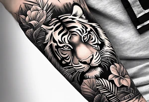 Full arm tattoo sleeve design.  Small abstract tiger coming down front of shoulder, monstera foliage on forearm, beach landscape on bicep tattoo idea
