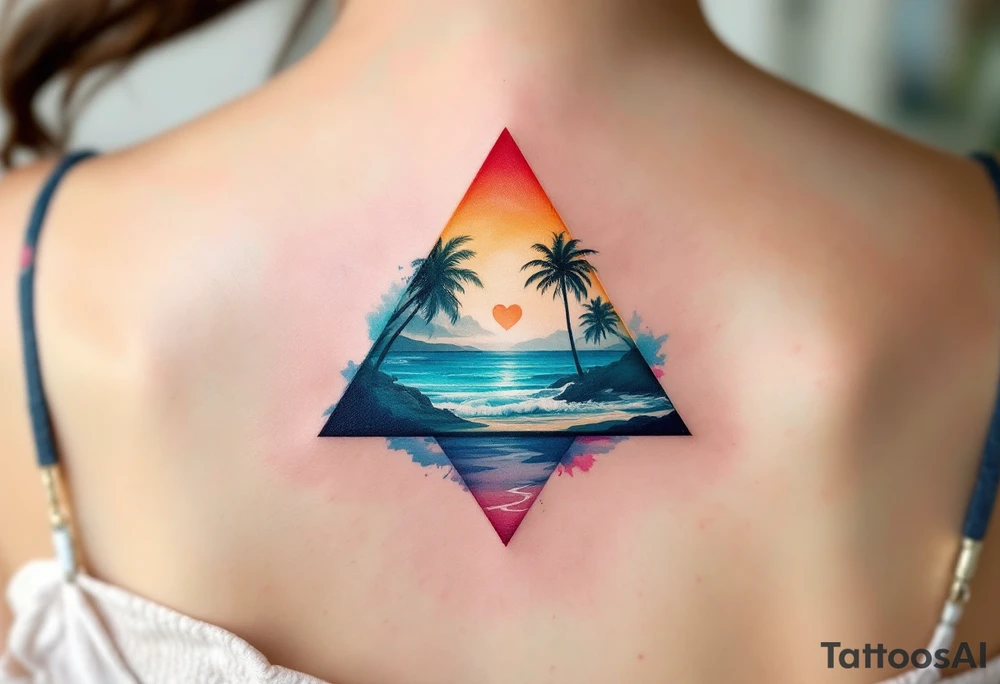 A triangle with a big heart in the center with an ocean palm tree theme tattoo idea