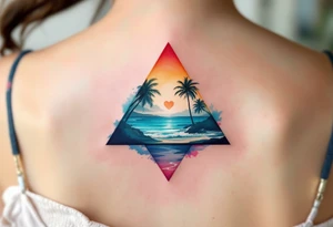 A triangle with a big heart in the center with an ocean palm tree theme tattoo idea