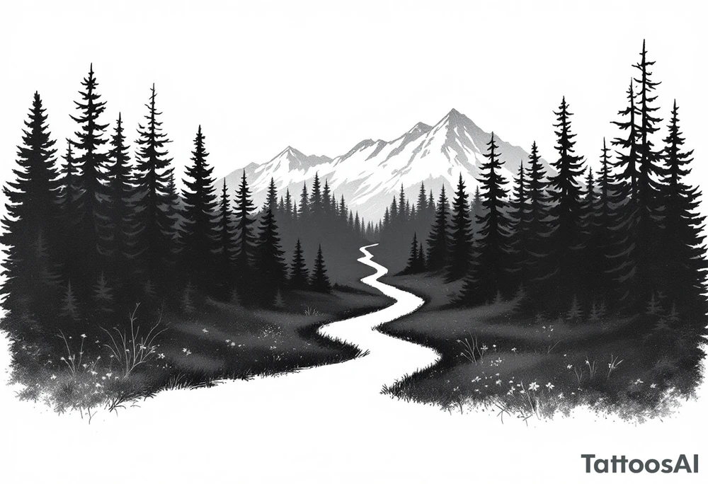 A minimalist design with a narrow path cutting through a dense forest, leading toward snow-capped mountains in the distance. The contrast between the dark woods (from Exile) and the snow-covered mountains (from Out of the Woods) shows the transition from hardship to hope. The path could be subtly winding, suggesting that the way forward is unclear, yet still leading to something more peaceful. tattoo idea