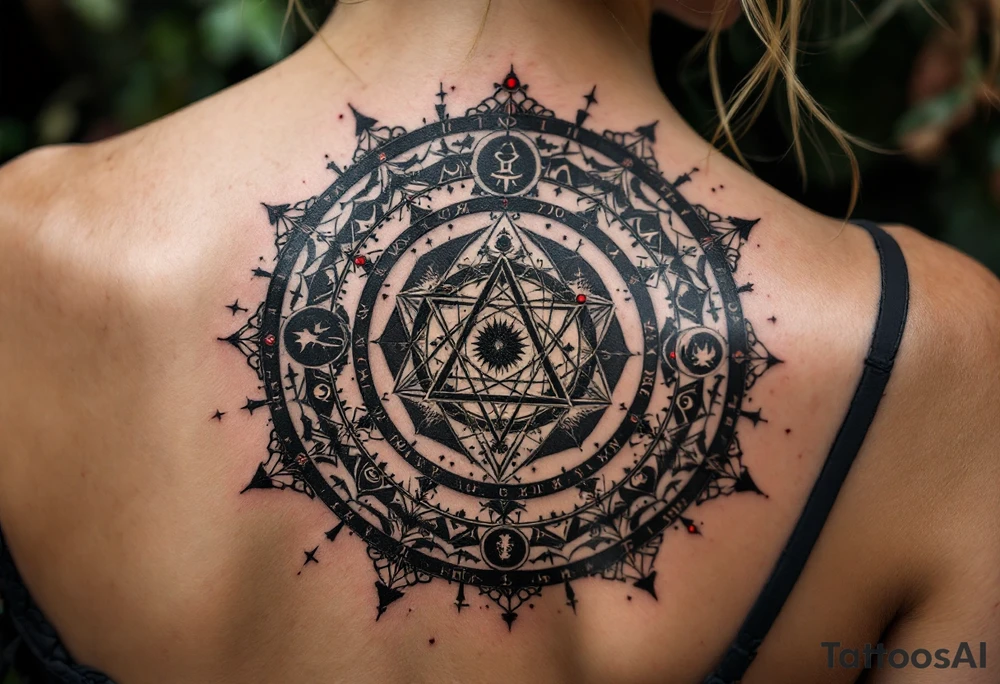 A charcoal black alchemical circle containing zodiac signs and red dots of energy at each point. tattoo idea