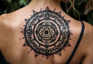 A charcoal black alchemical circle containing zodiac signs and red dots of energy at each point. tattoo idea