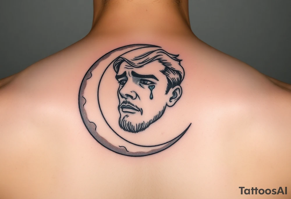 Man’s face in a crescent moon, crying, micro realism, not too dark, black and grey tattoo idea