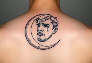 Man’s face in a crescent moon, crying, micro realism, not too dark, black and grey tattoo idea