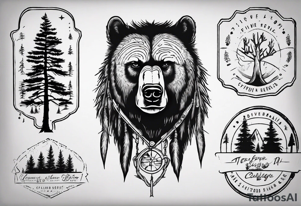 Standing bear fine line with armband.  Pine trees with script.  Add a eye with dot work lines coming out from the eye. tattoo idea