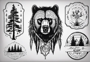 Standing bear fine line with armband.  Pine trees with script.  Add a eye with dot work lines coming out from the eye. tattoo idea