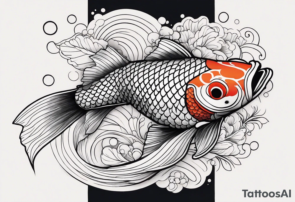 koi fish with a little narrow body, elongated fins, trimmed with pearls, ginko leaves around, minimal color, sketch technic, gradient lines theme tattoo idea