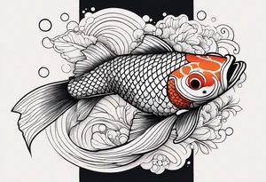 koi fish with a little narrow body, elongated fins, trimmed with pearls, ginko leaves around, minimal color, sketch technic, gradient lines theme tattoo idea