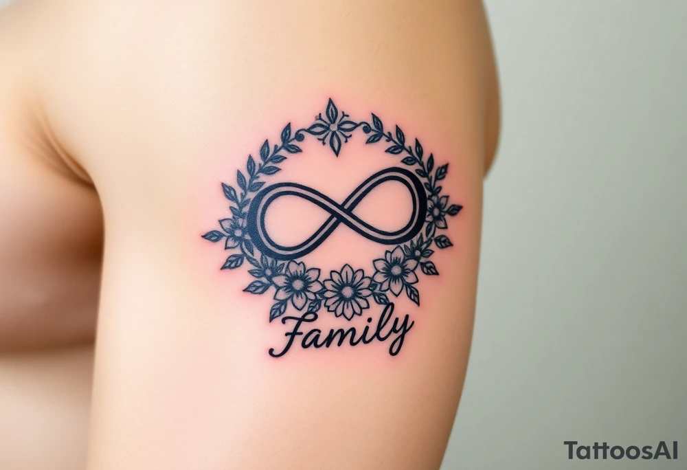 An infinity symbol surrounded by a wreath of wildflowers, with the word "family" flowing beneath tattoo idea