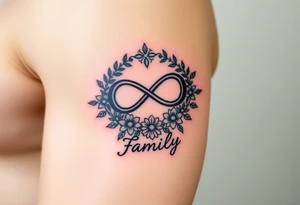 An infinity symbol surrounded by a wreath of wildflowers, with the word "family" flowing beneath tattoo idea