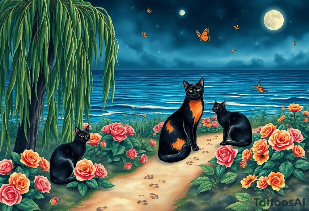 Night time. Ocean.  weeping willow garden with roses and liles flower beds. fantasy creatures, fairies, mermiads, dragons butterflies,  cat paw prints path in dirt. Black and orange cats tattoo idea