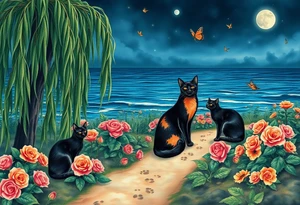 Night time. Ocean.  weeping willow garden with roses and liles flower beds. fantasy creatures, fairies, mermiads, dragons butterflies,  cat paw prints path in dirt. Black and orange cats tattoo idea