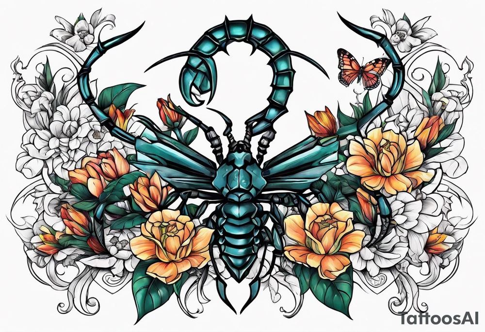 Large scorpions with skulls, flowers and butterflies tattoo idea