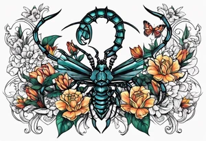 Large scorpions with skulls, flowers and butterflies tattoo idea