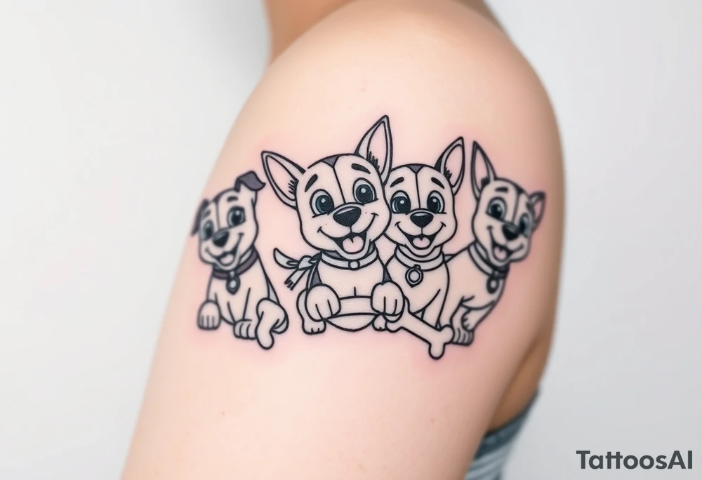 Dogs from paw patrol group chewing bones tattoo idea