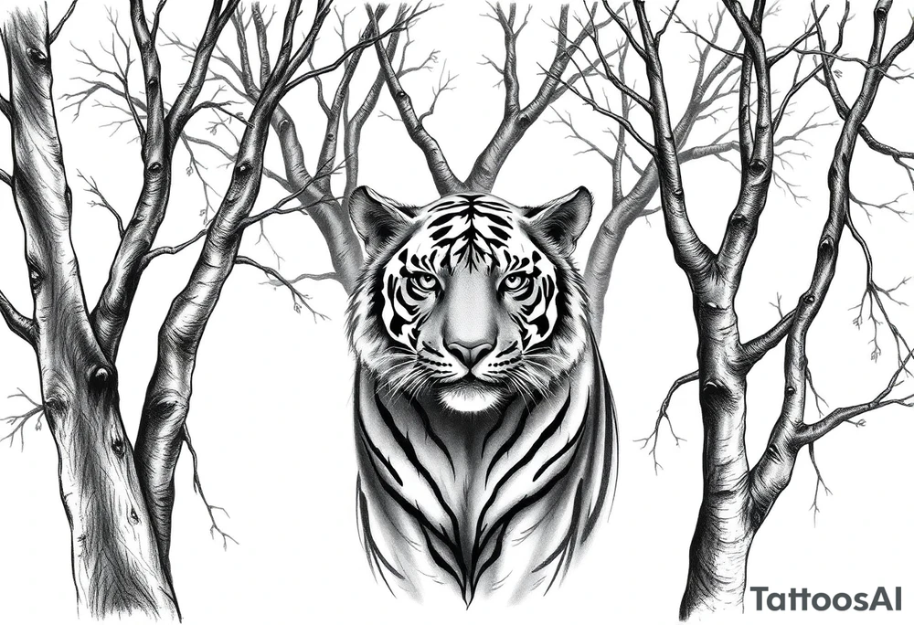 In front of the intertwined trees, looming inside the woods was a tiger that was very hard to see. tattoo idea