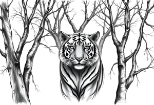 In front of the intertwined trees, looming inside the woods was a tiger that was very hard to see. tattoo idea