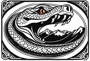 black and white drawing of a snake head with copper eyes an open mouth with mountain bike tire tread for body tattoo idea