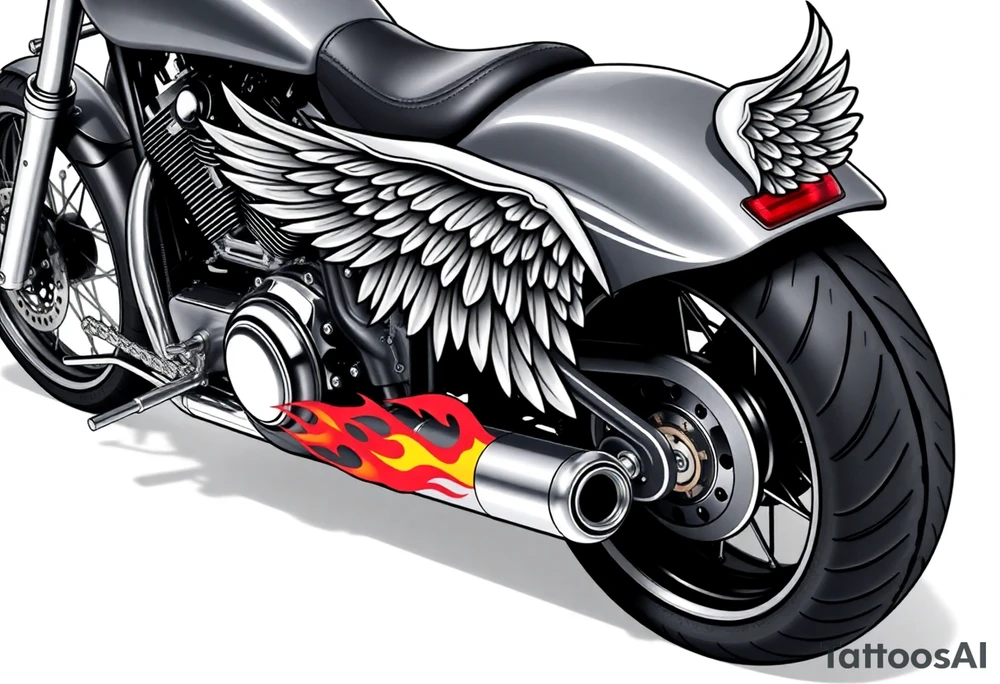 Low rider grey motorcycle, big muffler pipes with flames, angel wings tattoo idea