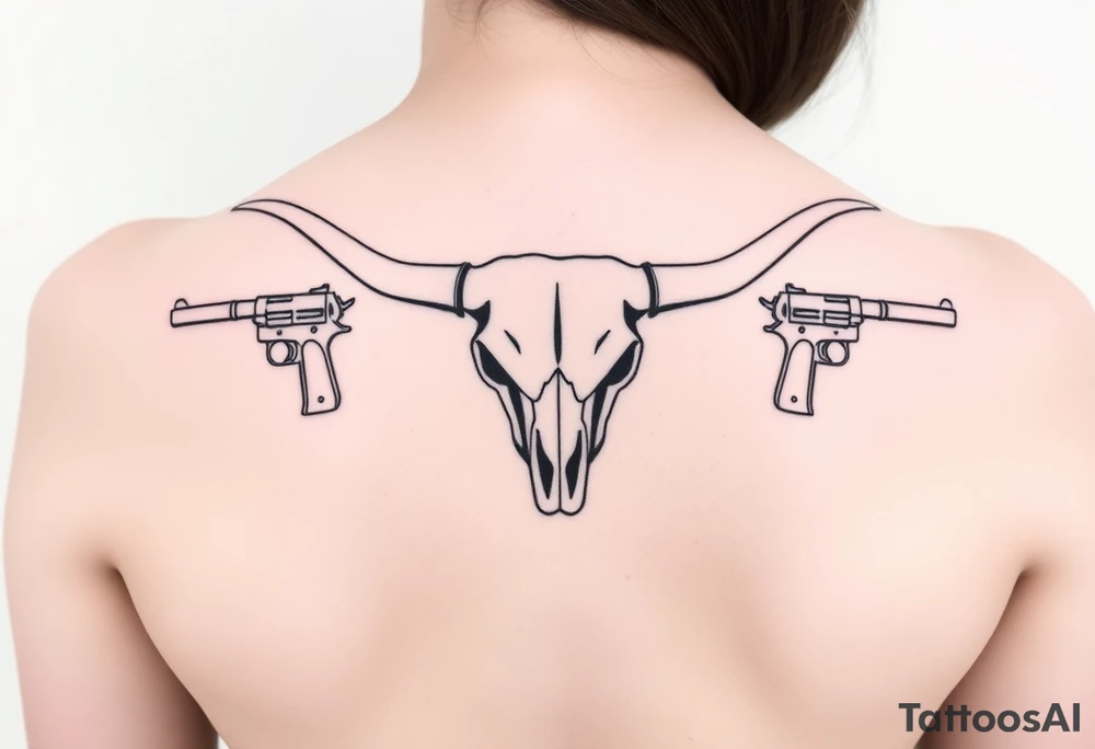Longhorn skull with revolvers either side tattoo idea