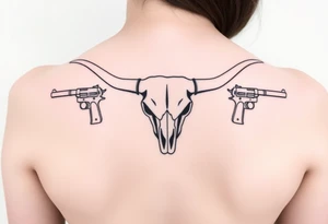 Longhorn skull with revolvers either side tattoo idea