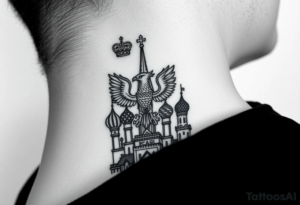 St. George, 3 russian imperial crowns above the Russian coat of arms double eagle and sitting above its wingspan sitting just above Kremlin or St. Basil's Cathedral scene  on the side of my neck tattoo idea
