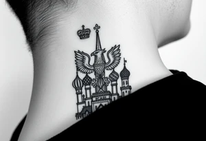 St. George, 3 russian imperial crowns above the Russian coat of arms double eagle and sitting above its wingspan sitting just above Kremlin or St. Basil's Cathedral scene  on the side of my neck tattoo idea