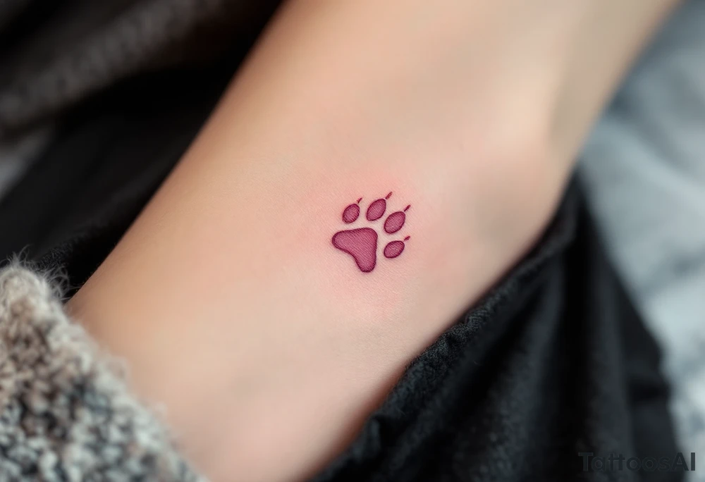 A single delicate paw outlined in pink, placed near the heart or wrist, elegant and minimal. tattoo idea