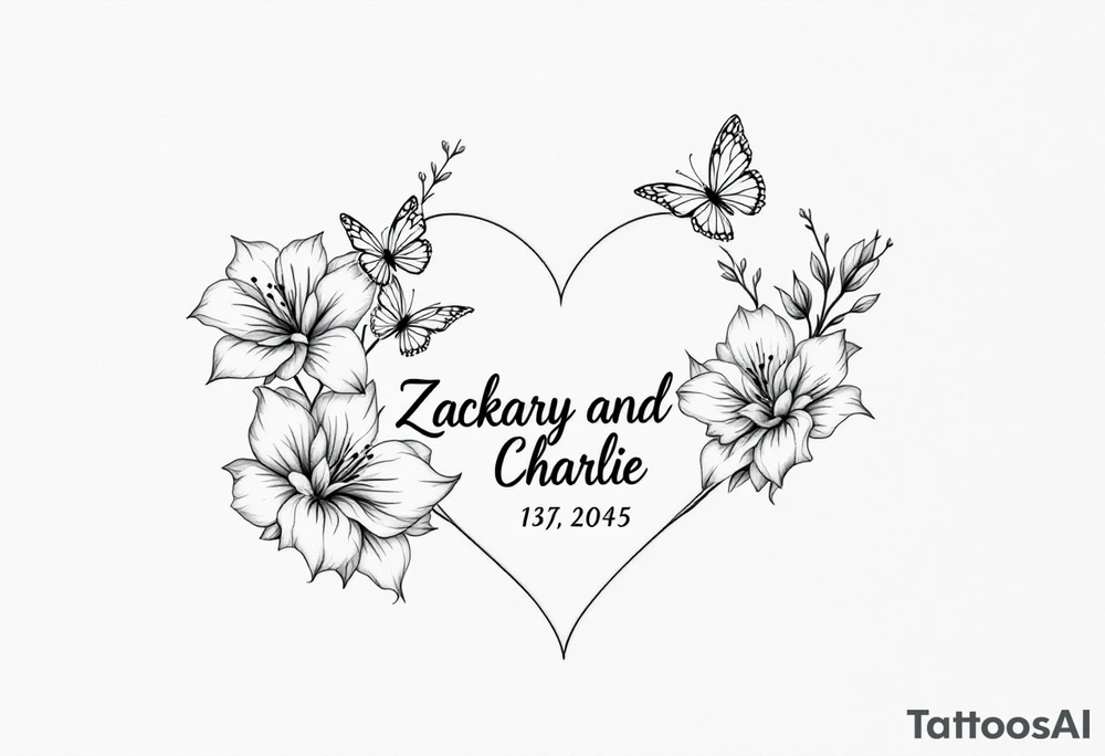 A delicate and highly detailed tattoo design featuring elegant flowers and two butterflies, symbolizing family, love, and the bond between a mother and her children. The flowers, such as lilies or peonies, represent protection, beauty, and unconditional love. Two butterflies gracefully flying around the flowers symbolize the children, Zackary and Charlie, representing their growth and freedom. Their names should be subtly integrated into the design, either along the stems of the flowers, within the butterfly wings, or in an elegant script flowing naturally with the composition. The tattoo should have a soft, flowing aesthetic with fine details, subtle shading, and a harmonious balance between nature and symbolism. The style can be fine line, realistic, or watercolor for a timeless and meaningful look. tattoo idea