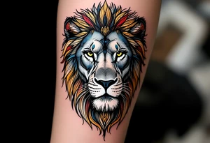 A highly detailed line-art Czech lion, with intricate patterns in its mane and subtle golden, blue, red shading for a regal look. tattoo idea