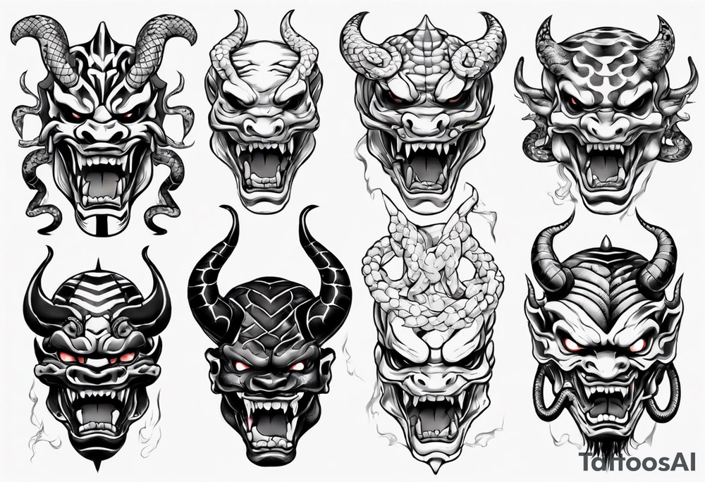 snake biting oni mask tattoo idea