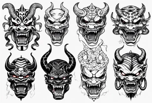 snake biting oni mask tattoo idea