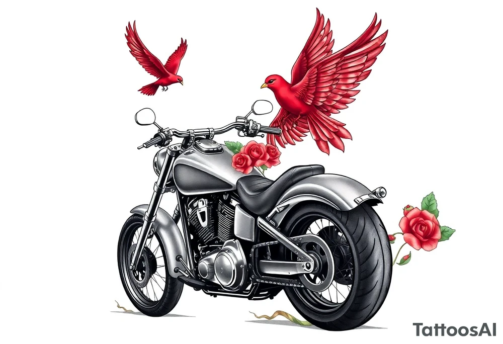 Harley grey motorcycle driving away, two red birds flying, roses, flames, angel wings tattoo idea
