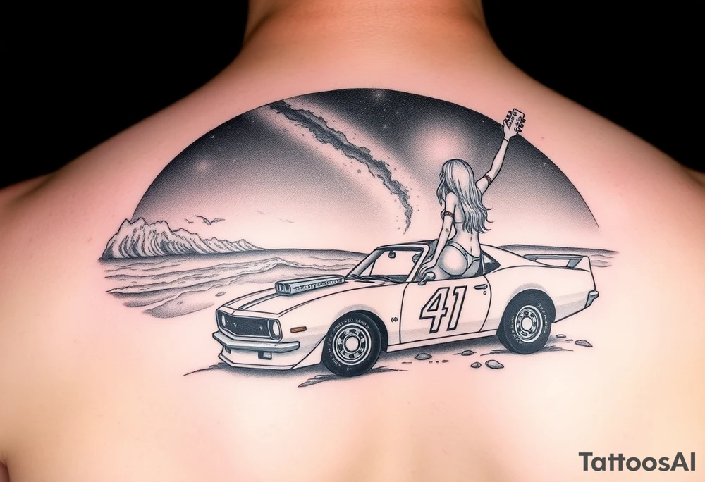 I want a sleeve that starts with a beach with dale Earnhardt car on the beach with a hot blonde 80’s girl with big hair on the hood. Then an ocean with big waves then a big dark sky with the Milky Way in it and Jimi Hendrix Stratocaster in the sky tattoo idea