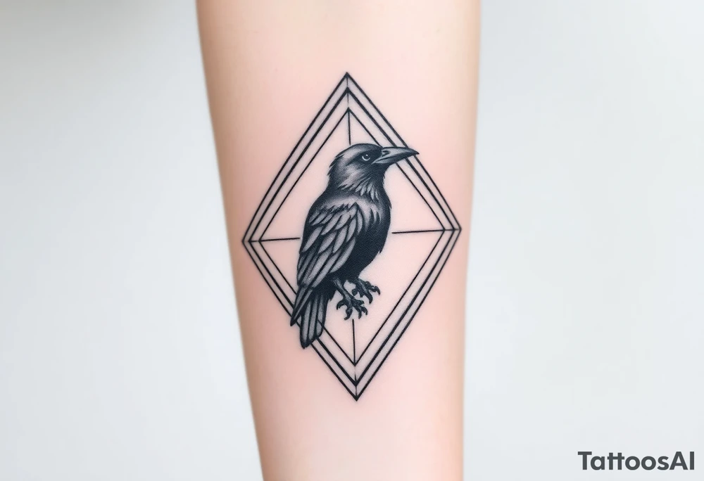 Geometric diamond with lines going around with detailed crow in center with a lot of shading tattoo idea