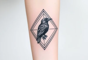 Geometric diamond with lines going around with detailed crow in center with a lot of shading tattoo idea