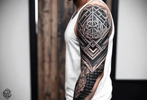 full sleeve tattoos for men with sacred geometry mixed tropical theme going from left chest to left hand. tattoo idea