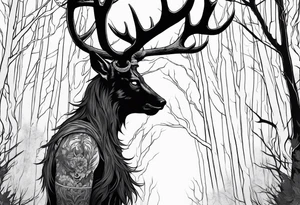 A spooky dead NO SKIN accurate wendigo side profile surrounded by a forest fire in background tattoo idea