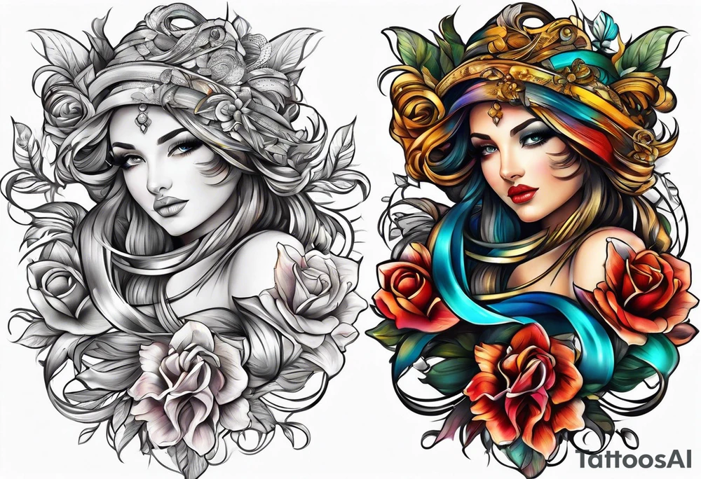 ribbon elegant artistic colorful tattoo idea