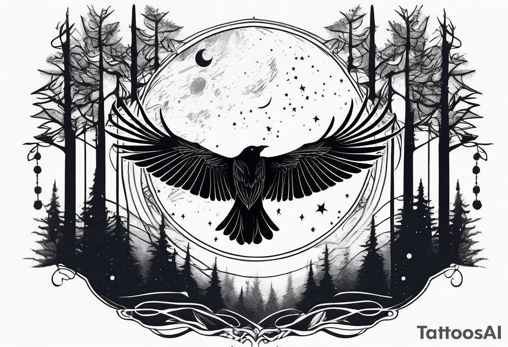 Raven in flight, head down, knowing, ethereal, moon stars and trees in the background tattoo idea