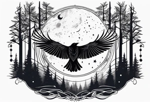 Raven in flight, head down, knowing, ethereal, moon stars and trees in the background tattoo idea