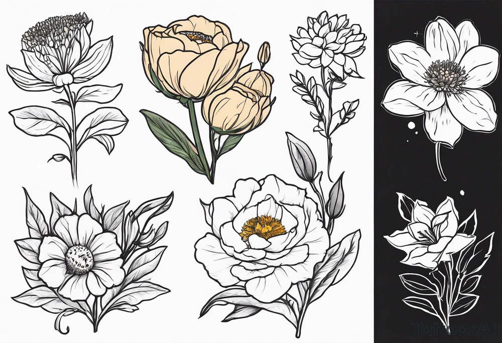 birth flower hand held bouquet with February March August August and October birth flowers tattoo idea